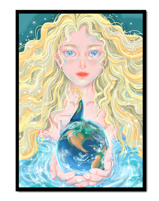 Fantasy artwork of woman holding earth with shimmering details