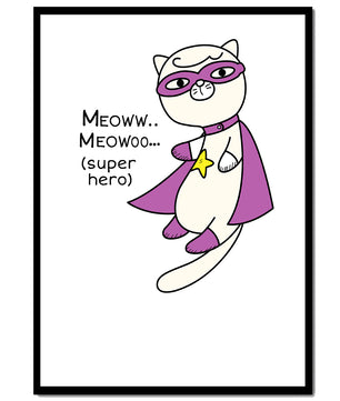 Superhero cat illustration with comic-style text - Mi tienda