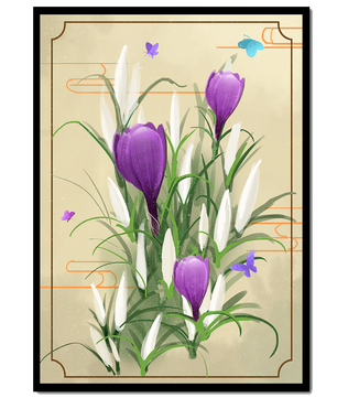 Elegant Crocus Flowers with Butterflies in a Delicate Frame