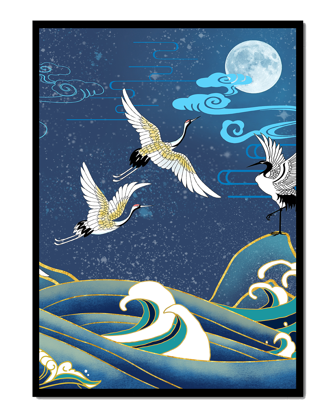A Serene Night Scene with Cranes and Waves in Traditional Japanese Art Style
