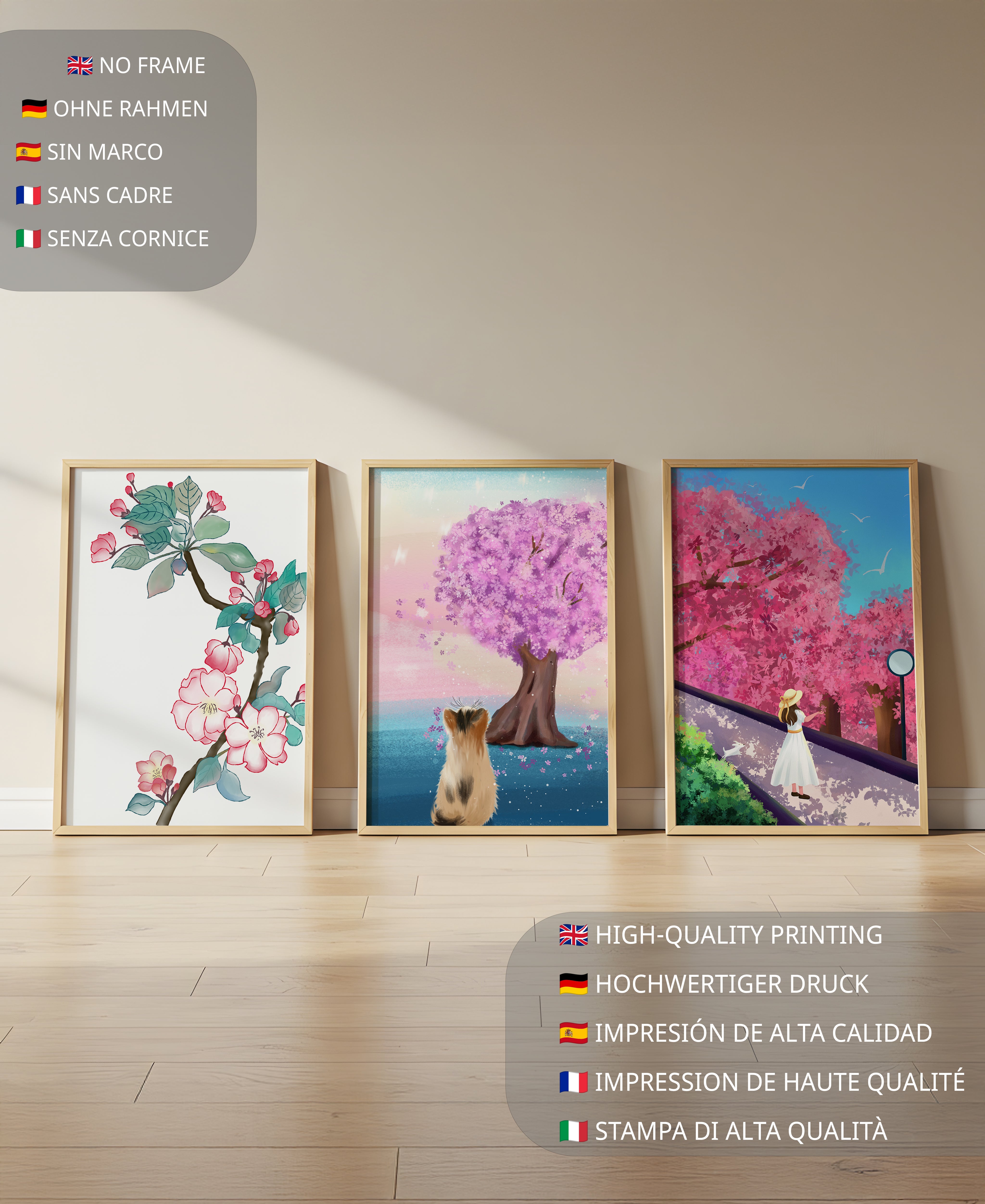 Ensemble d'Impressions Artistiques avec Arbres en Fleurs