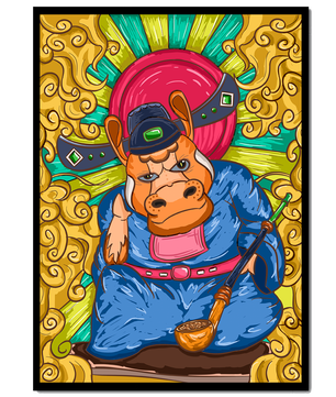 Ilustración colorida de un personaje animal caprichoso con alrededores ornamentados