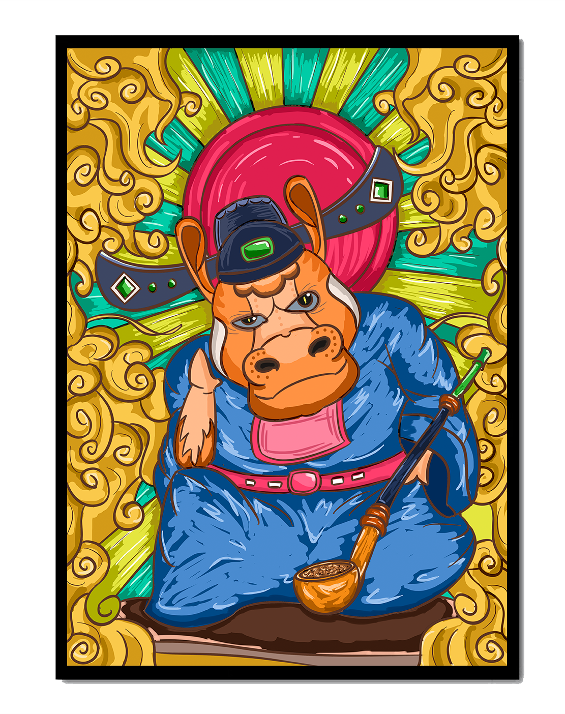Colorful illustration of a whimsical animal character with ornate surroundings