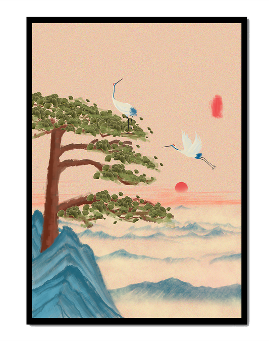 Elegant cranes and pine tree with sunrise over misty mountains