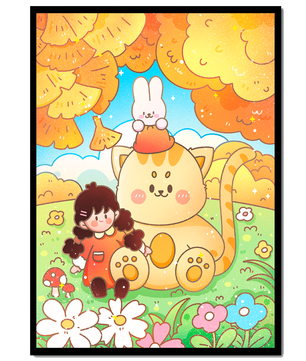 Ilustración caprichosa de una niña, un gato y un conejo en un paisaje otoñal