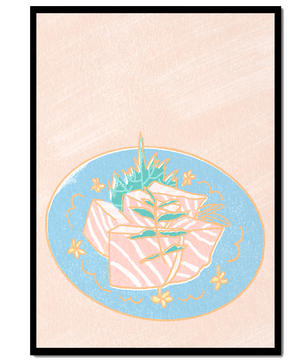 Ilustración de rodajas de sushi fresco en un plato decorativo