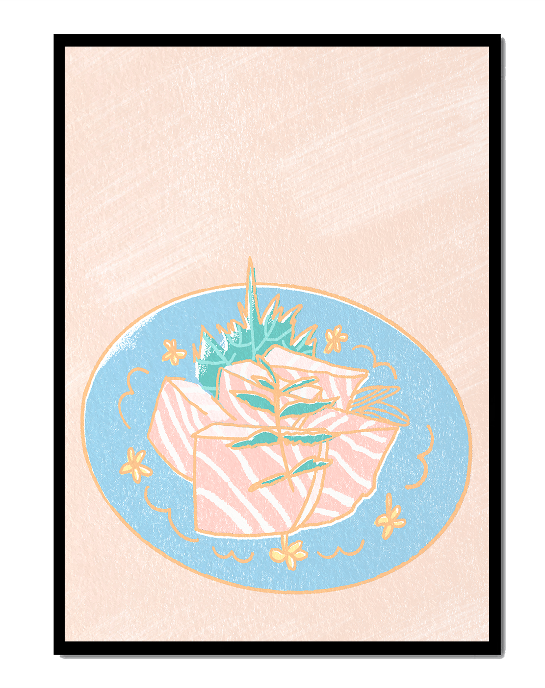 Ilustración de rodajas de sushi fresco en un plato decorativo