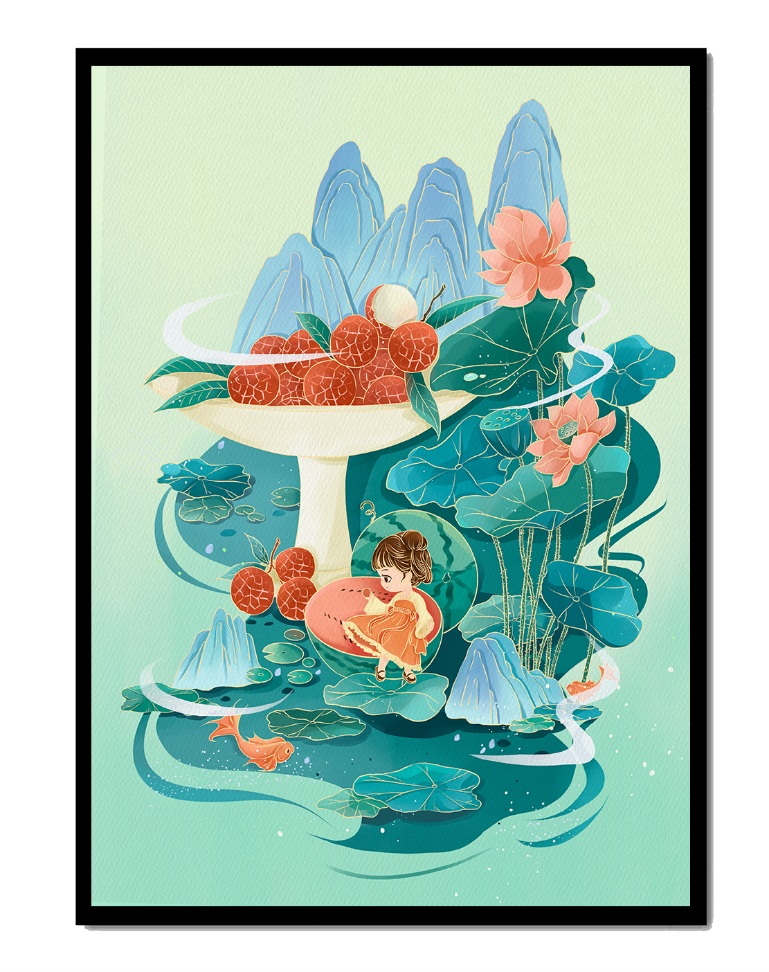 Whimsical illustration with girl, lychee, and lotus flowers