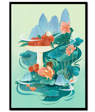 Whimsical illustration with girl, lychee, and lotus flowers