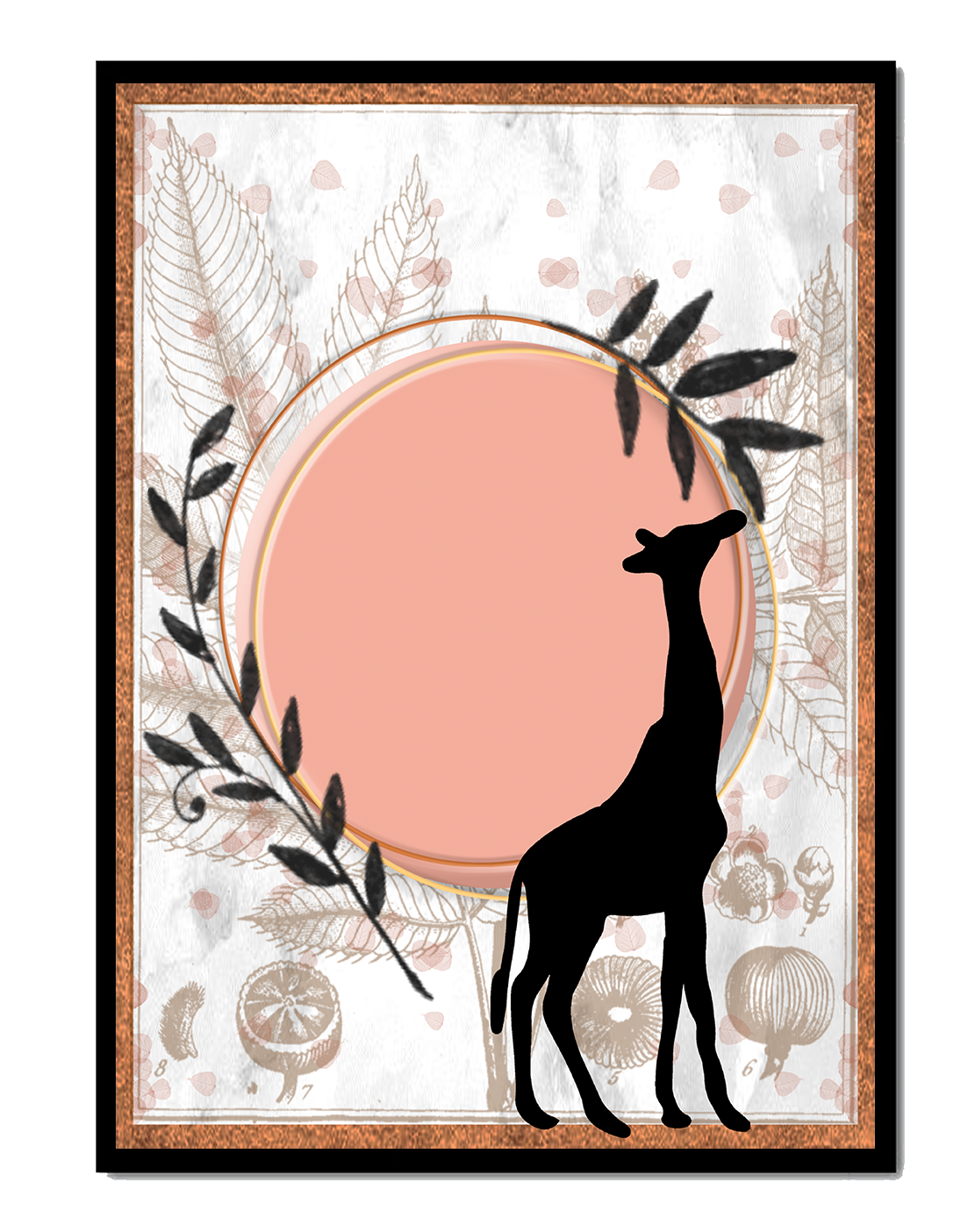 Nature-inspired artwork with giraffe silhouette and botanical elements