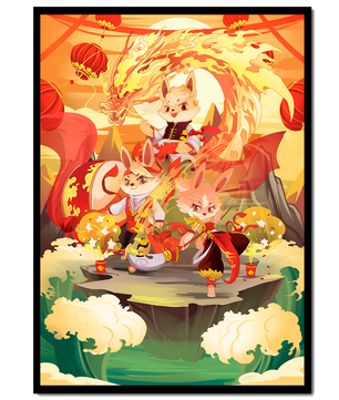 Fantastical scene with anthropomorphic animals and a dragon in a vibrant setting