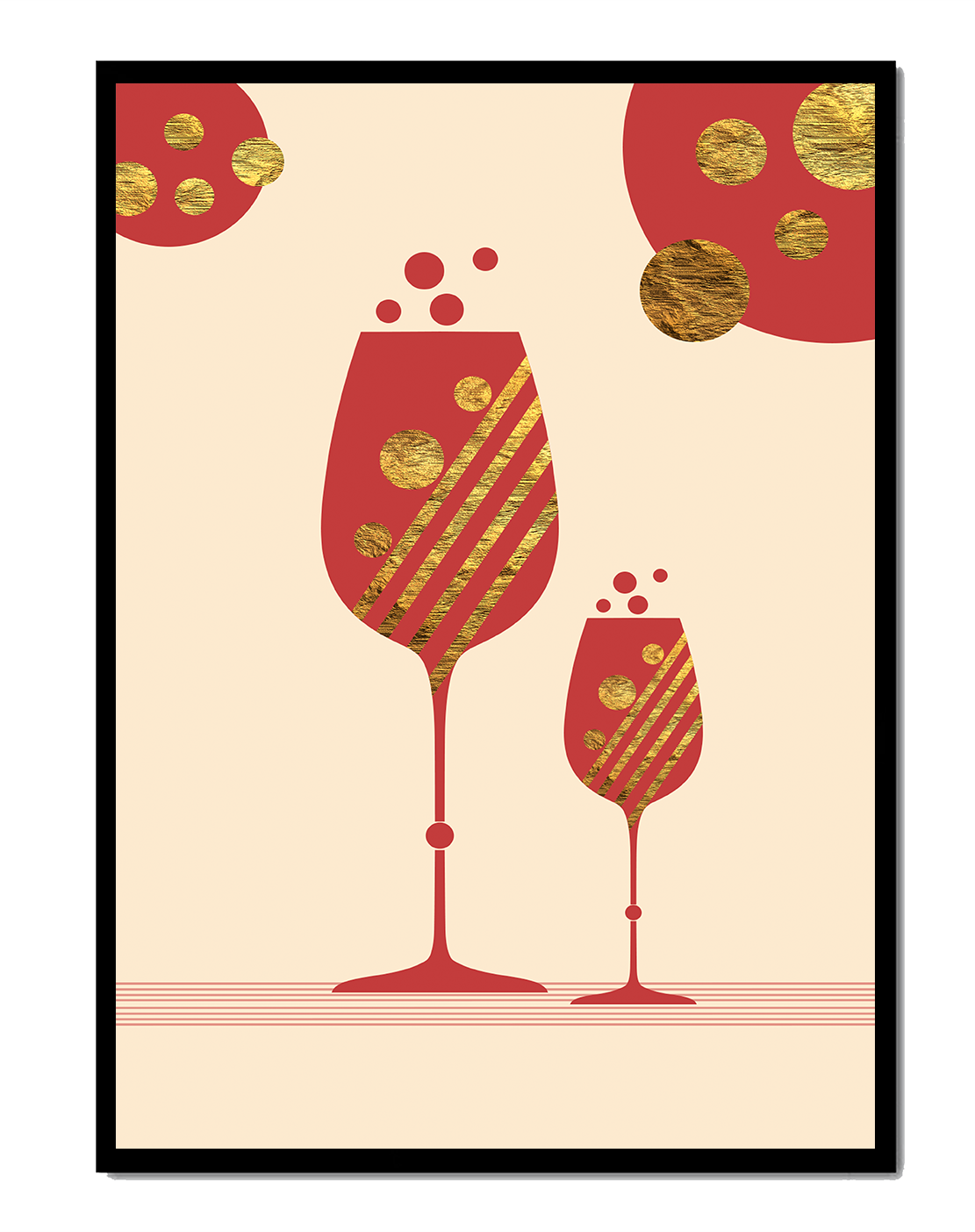 Stylish wine glasses with gold accents and a festive theme