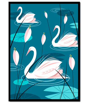 Serene illustration of swans gracefully gliding on a pond with lily pads