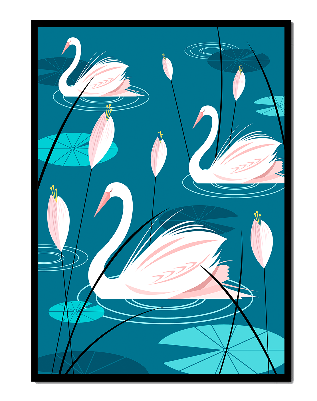 Serene illustration of swans gracefully gliding on a pond with lily pads
