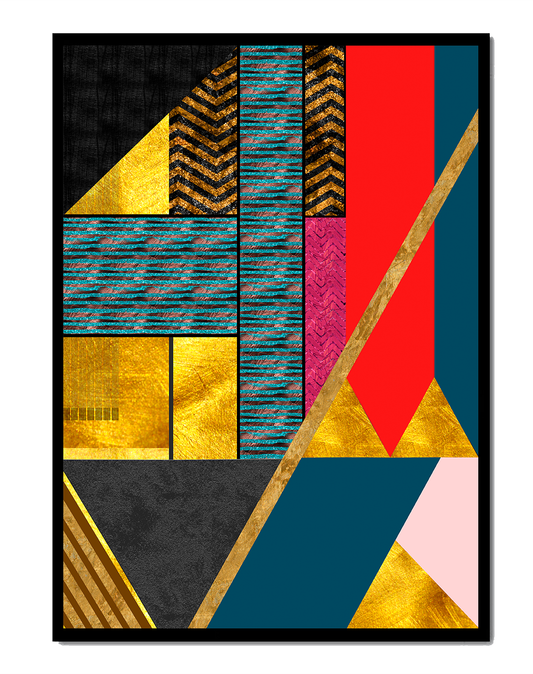 Geometric abstract art with bold colors and golden accents
