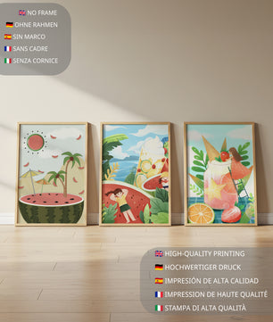 Ensemble d'illustrations estivales avec des fruits et des scènes tropicales