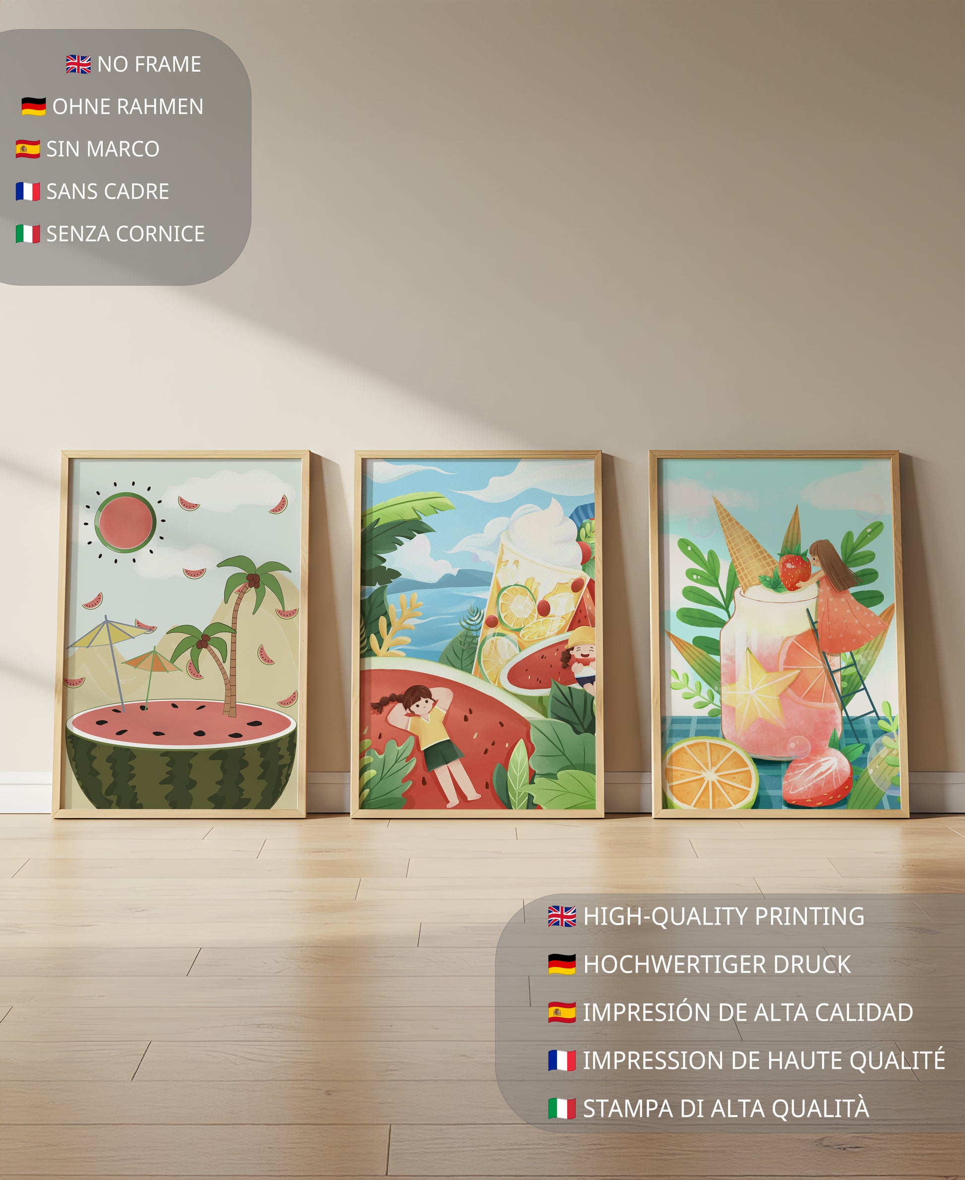 Conjunto de Ilustraciones Veraniegas con Frutas y Escenas Tropicales