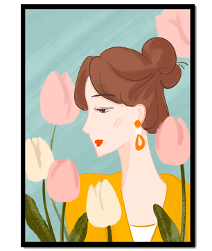 Serene woman surrounded by pastel tulips illustration
