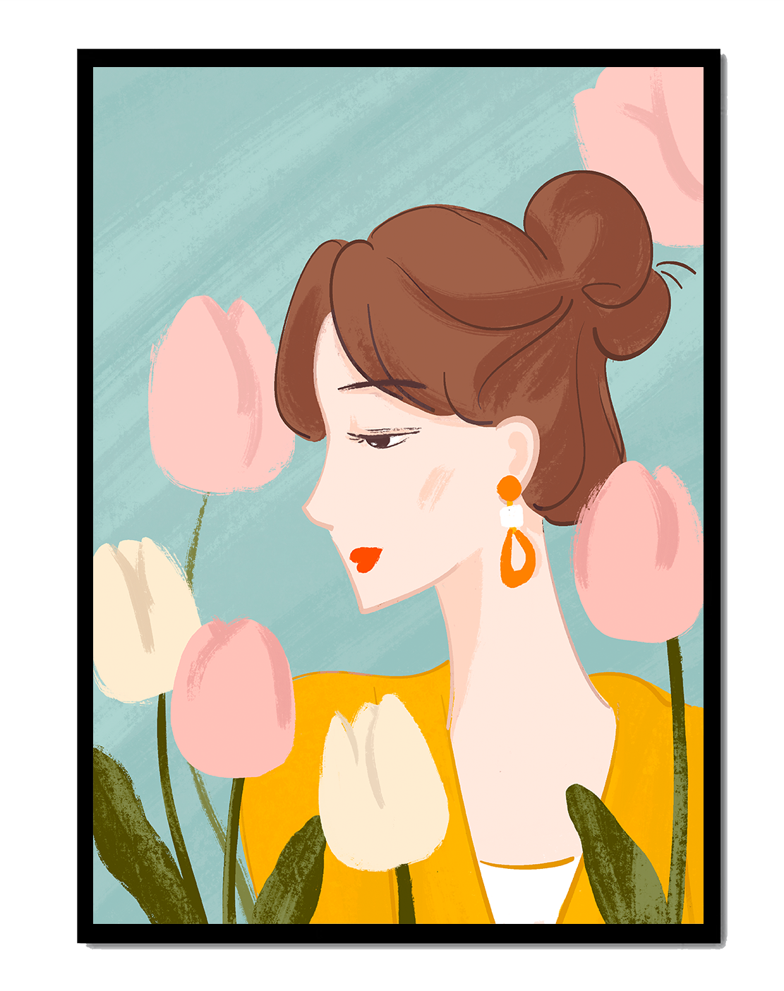 Serene woman surrounded by pastel tulips illustration