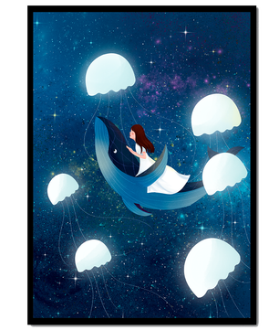Dreamlike scene of a girl riding a whale among jellyfish in space