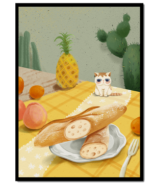 Gato con gafas de sol en un entorno tropical con baguettes y frutas