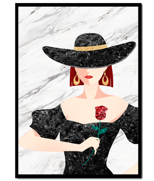 Elegante Frau mit stilvollem schwarzen Hut und roter Rose