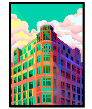 Gebäude mit bunten geometrischen Formen und lebhaftem Himmel