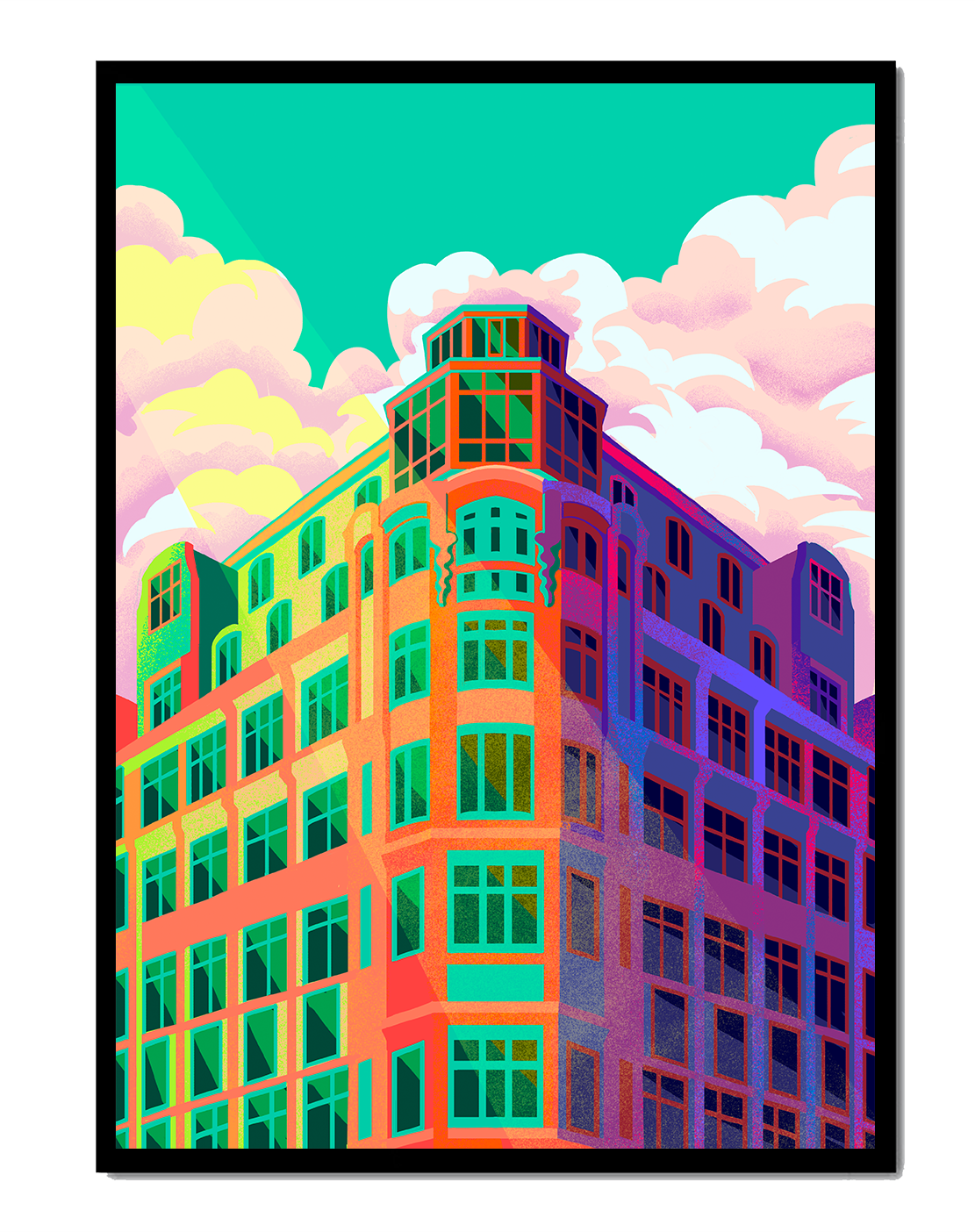 Colorful geometric building with vibrant sky