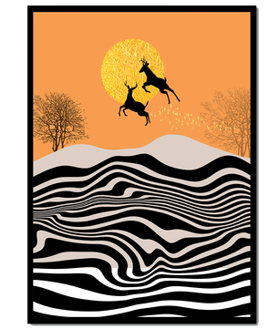 Abstract landscape with jumping deer and golden sun