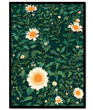 Floral pattern with daisies on a dark green background