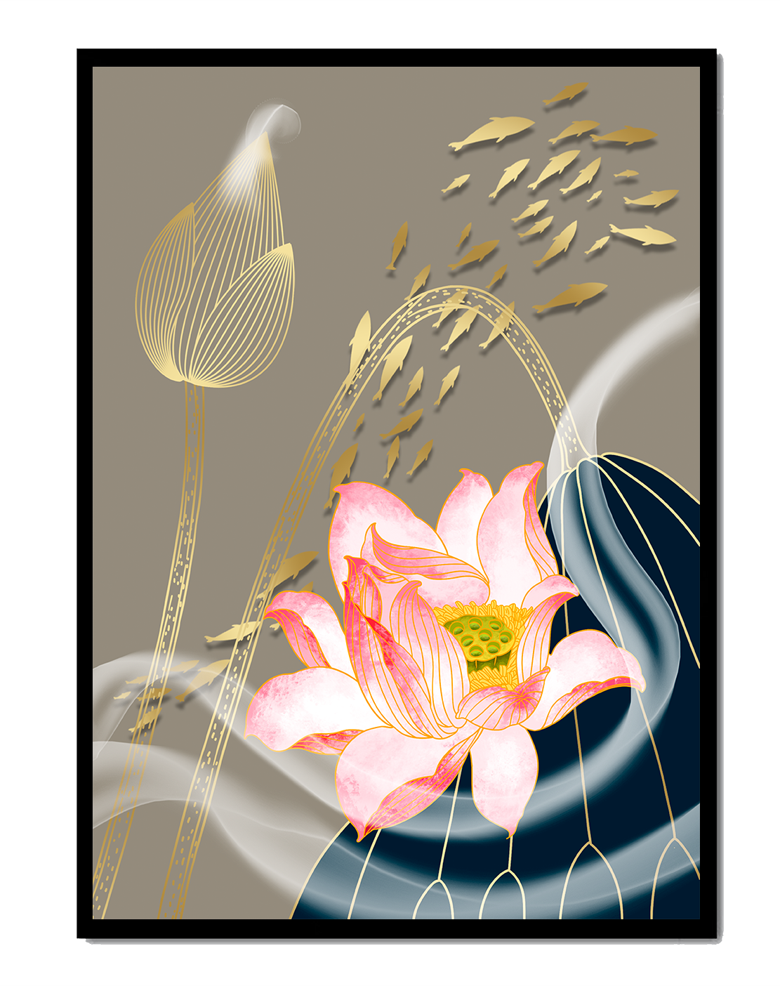 Elegant floral design with blooming lotus and golden fish accents