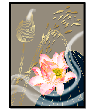 Elegant floral design with blooming lotus and golden fish accents