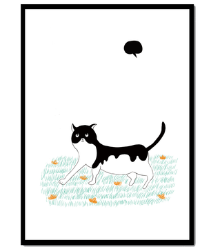 Whimsical cat illustration in field of flowers
