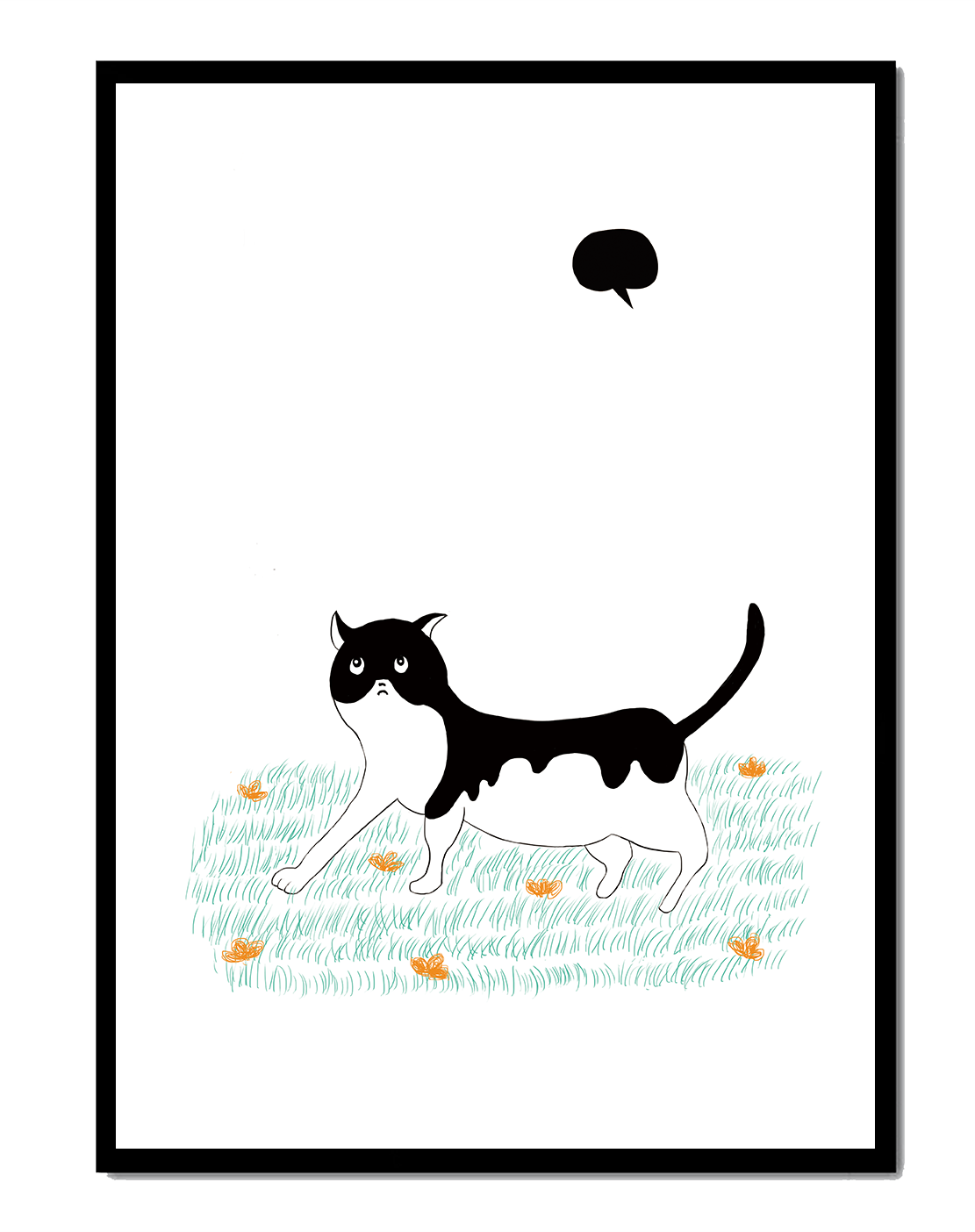 Whimsical cat illustration in field of flowers