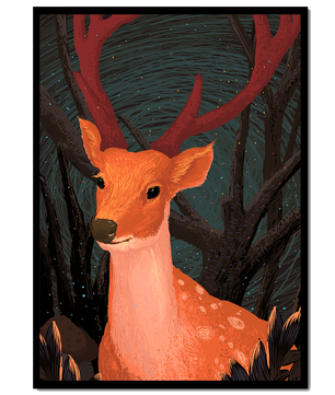 Ilustración majestuosa de un ciervo en un bosque místico