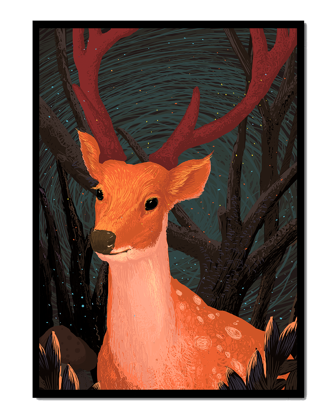 Ilustración de un majestuoso ciervo en un bosque místico