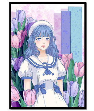 Illustration d'une fille en robe de marin parmi des tulipes avec une palette de couleurs pastel