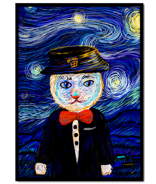 Whimsical cat character against starry night sky background
