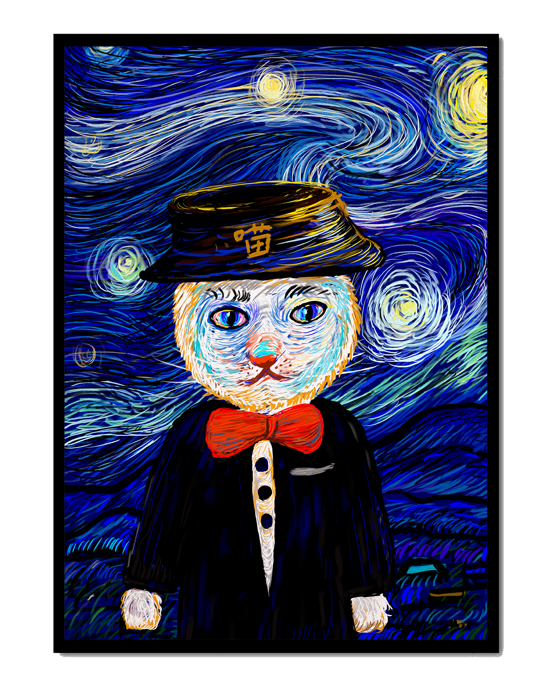 Whimsical cat character against starry night sky background