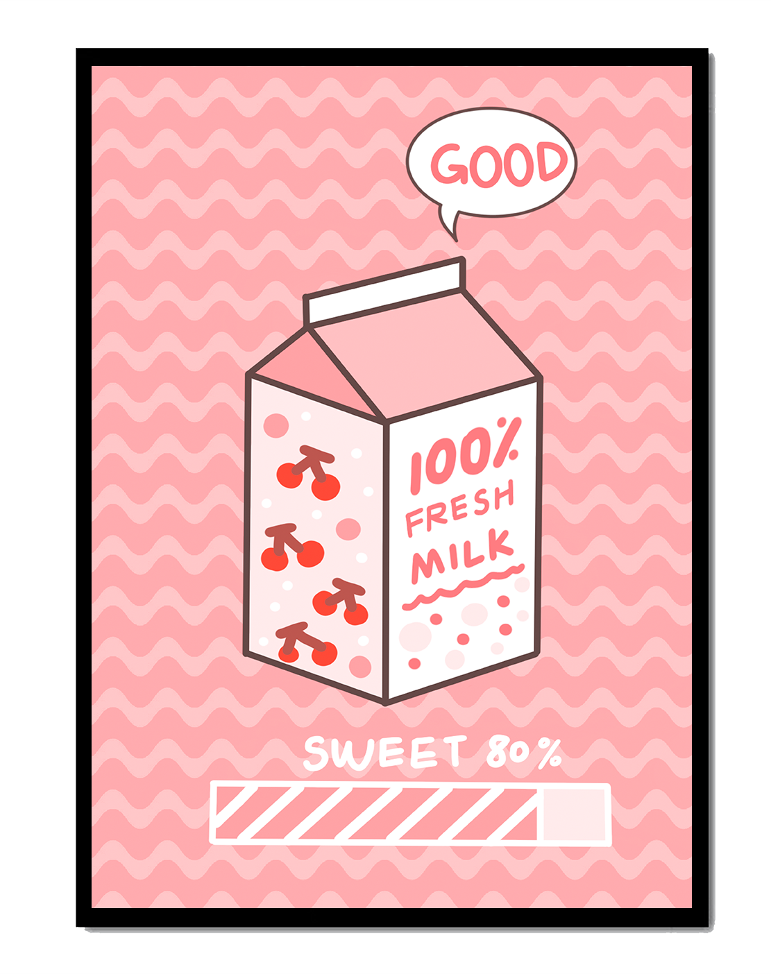 Playful illustration of milk carton with cherry design on pink background
