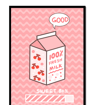 Playful illustration of milk carton with cherry design on pink background
