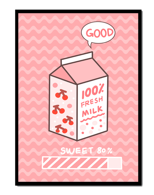 Playful illustration of milk carton with cherry design on pink background