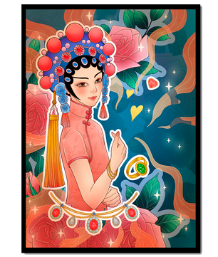 Traditional Asian-inspired illustration with jewelry and floral accents