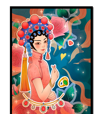Traditional Asian-inspired illustration with jewelry and floral accents