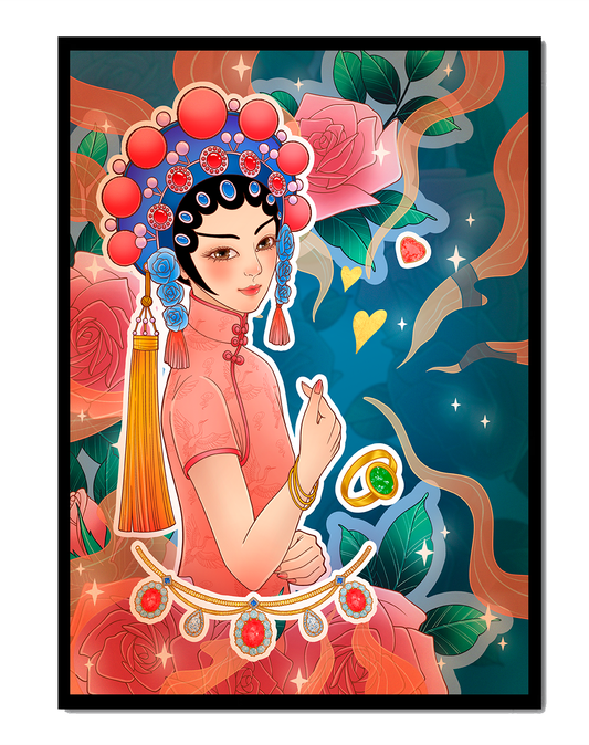 Traditional Asian-inspired illustration with jewelry and floral accents
