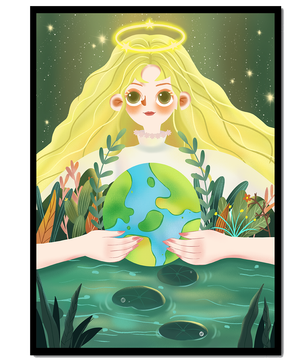 Illustration de la nature paisible avec une figure céleste tenant la Terre