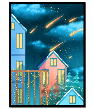 Winter Night Scene with Falling Meteors and Snow-Covered Houses