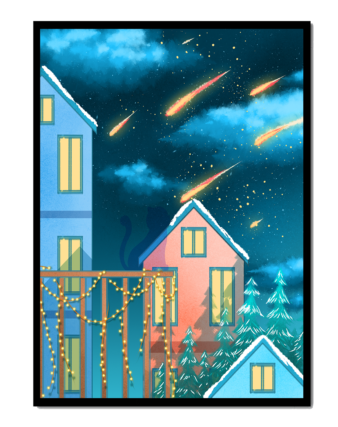 Winter Night Scene with Falling Meteors and Snow-Covered Houses