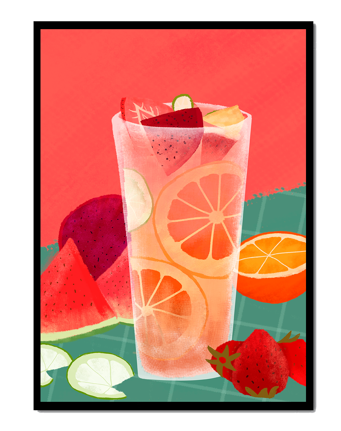 Ilustración de cóctel de frutas refrescante con cítricos y sandía.