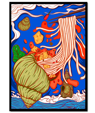 Intricate Noodle Illustration with Vibrant Colors and Detailed Elements